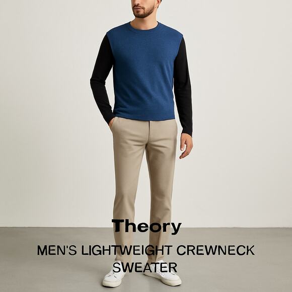 Theory Men’s Blue Black Lightweight Crewneck Sweater Modal Blend Size Large - Picture 1 of 7